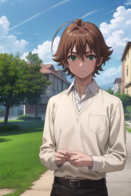 agktatsumi, <lora:agk tatsumi s1-lora-nochekaiser:1>,
tatsumi. brown hair, (green eyes:1.3), male focus, short hair, hair between eyes, ahoge,
BREAK  shirt, white shirt, collared shirt, yellow sweater, long sleeves, pants, black pants, boots, brown boots,
BREAK outdoors, nature, forest, trees, grass, sky, clouds,
BREAK looking at viewer, (cowboy shot:1.5),
BREAK <lyco:GoodHands-beta2:1>, (masterpiece:1.2), best quality, high resolution, unity 8k wallpaper, (illustration:0.8), (beautiful detailed eyes:1.6), extremely detailed face, perfect lighting, extremely detailed CG, (perfect hands, perfect anatomy),