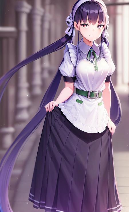 (best quality), finely detail, extremely detailed CG unity 8k, highres, finely detail, beautiful detailed eyes, weapon shop,
1girl, solo, long hair, very long hair, full body, skirt, hairband, smile, twintails, shoes, looking at viewer, brown eyes, standing, purple hair, apron, short sleeves, hair ornament, long skirt, belt, own hands together, loafers, ribbon, black skirt