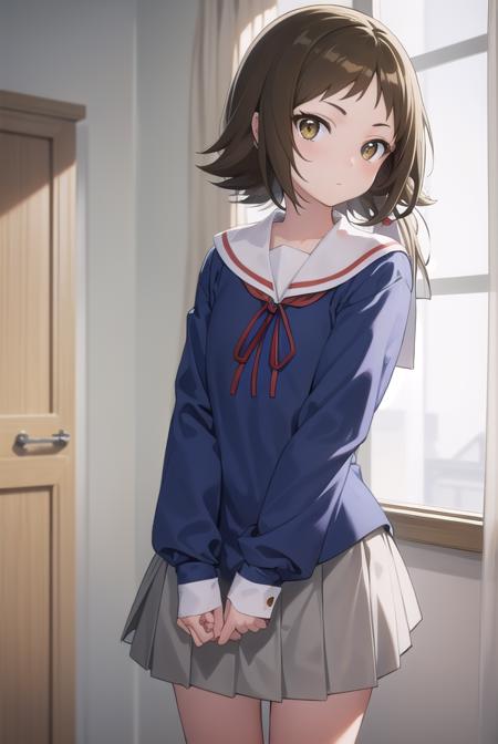 mashiromitsumine, <lora:mashiromitsumine-lora-nochekaiser:1>,
mashiro mitsumine, (brown eyes:1.5), brown hair, ponytail, (flat chest:1.2),
BREAK grey skirt, long sleeves, neck ribbon, red ribbon, ribbon, sailor collar, school uniform, skirt, white sailor collar, (blue shirt:1.5),
BREAK looking at viewer, full body,
BREAK indoors, classroom,
BREAK <lyco:GoodHands-beta2:1>, (masterpiece:1.2), best quality, high resolution, unity 8k wallpaper, (illustration:0.8), (beautiful detailed eyes:1.6), extremely detailed face, perfect lighting, extremely detailed CG, (perfect hands, perfect anatomy),