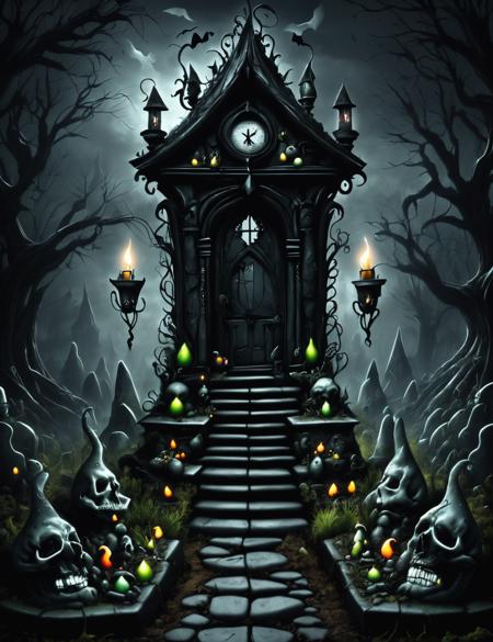 h4l0w3n5l0w5tyl3DonMD4rk Witch's Garden, Whimsical, Graveyards, Ghostly Apparitions, Haunted Sconces, Dark Fairytale  <lora:h4l0w3n5l0w5tyl3DonMD4rk_v1.1-000008:1>