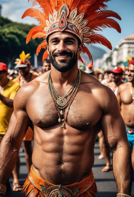 score_9, score_8_up, score_7_up, realistic, photo of a man, in public, surrounded by people, 30 year old italian male,  sexy male samba dancer, at Rio carnival parade, wearing carnival outfit, lots of jewellery, masculine, high details, moody, cinematic, face portrait, best quality, masterpiece, highly detailed, realistic, (detailed background), depth of field, soft focus, intricate details, 8k,muscled, huge bulge, diverse poses, diverse angle, hairy chested, hairy body, hairy legs, hairy arms, masculine, Feathered headdress, full body