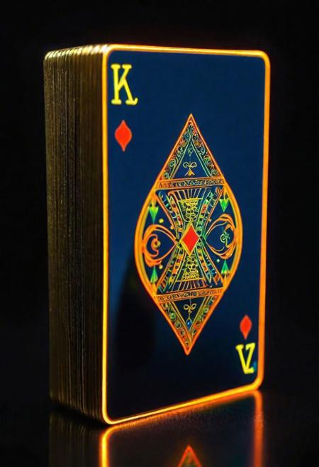 super realistic, glitter, extreme detailing, realistic face, a line of many playing cards made from gold-titanium allaoy and green blue orange red neon for different suit,  intricate details, (floating upright:1.2) on a smooth black mirror surface, reflections, volumetric lighting, 8k UHD, QHD, ultra-sharp, ultra-detailed, refraction, ray tracking