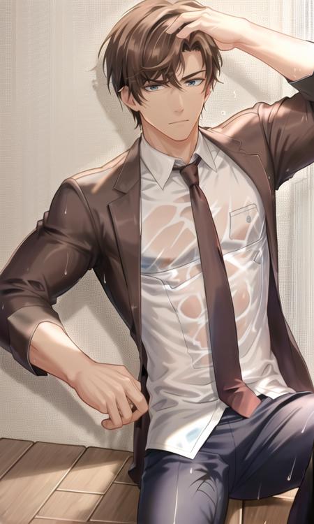 <lora:zuoran:0.56>, 1boy, ((blue and aqua_eyes)), brown_hair, (abs), ((wet)), collarbone, (abs), collarbone,bishounen,cowboy_shot, dappled_sunlight,  (bare body), ((brown pants)),male_focus,collared_shirt,white shirt,(((necktie))),male_focus,necktie,sitting,veins,veiny_arms,wine_glass,  god rays