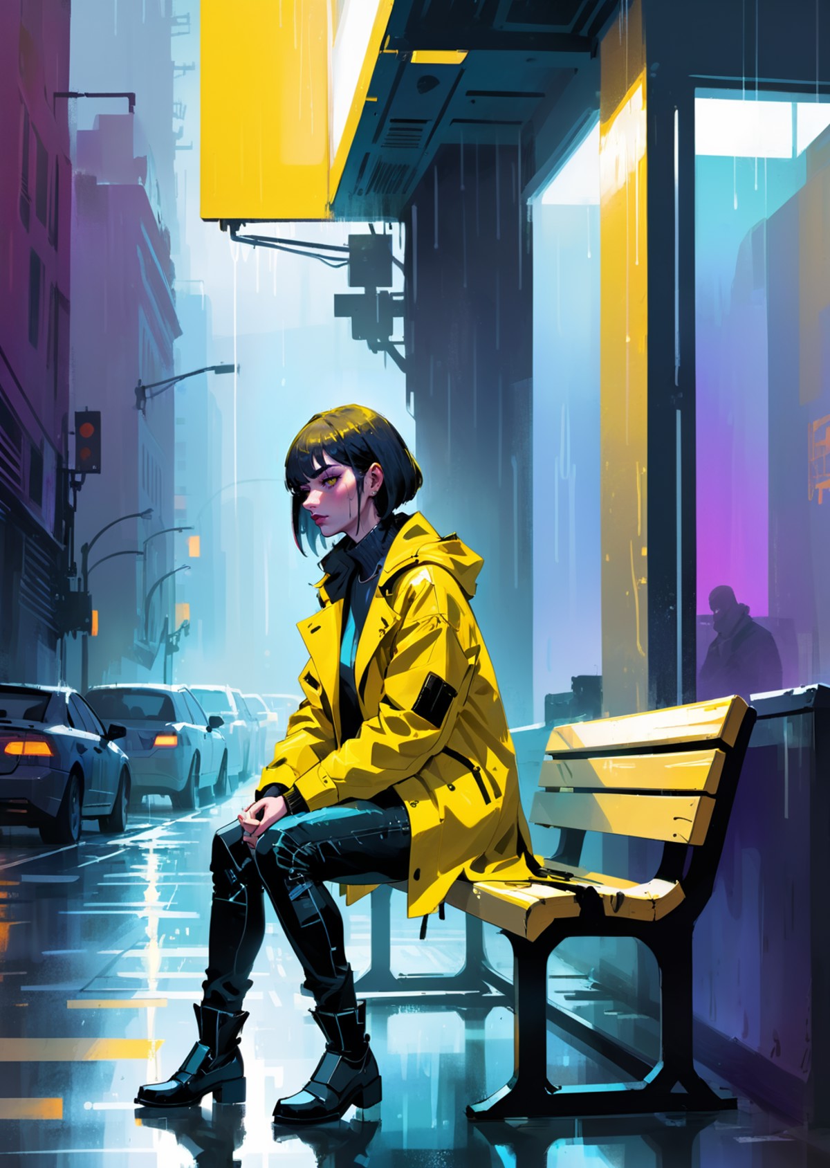 1 female
sit on the bench 
raining 
wet yellow coat 
gradient 
detailed background 
cyberpunk
shadow
dramatic lighting 
by...