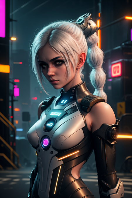 masterpiece, best quality, 1girl, selunite, white hair, braided ponytail, green eyes, looking at viewer, mechanical arms, cyberpunk city background, night, neon light  <lora:ShadowHeartV2:1>