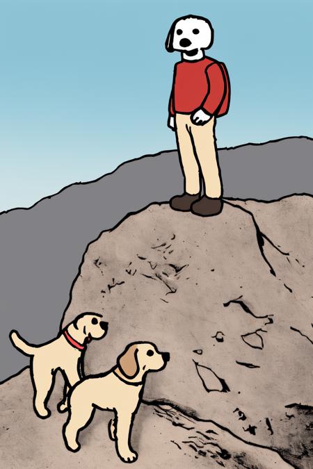 (masterpiece, best quality, uhd, 8k) <lora:PBFComicsStyle_v1-000018:0.75> pbfcomics style, solo, dog, standing on a mountain