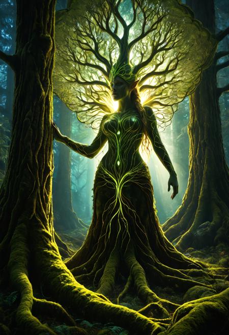 Dryad, merging with ancient tree, roots and bark forming body, glowing veins of light across trunk, luminous moss, standing in the heart of the forest, deep shadows, warm ambient light, magical energy lines, mystical forest scene, ultra sharp, highly detailed, perfect composition, rich foliage, fantasy illustration, glowing accents