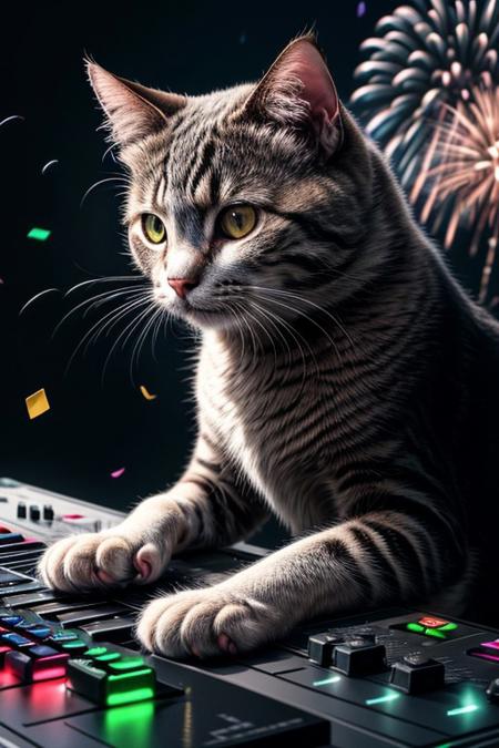 (masterpiece:1.2), (best quality:1.2), highly detailed, realistic texture, sharp details, extremely delicate and beautiful, realistic cg 8k wallpaper
Cat DJ with RGB paws, spinning tunes with keyboards, confetti and fireworks, Dark, Moody, Volumetric light, backlight,  
<lora:add-detail-xl:3> <lora:RGB_Keyboard_themed:1>