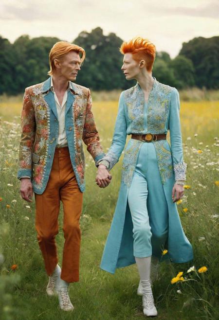 2 person holding hands, masterpiece, ultra realistic, professional photography, intricate details, young beautiful Tilda Swinton, young beautiful David Bowie, in 60's hippy costume, sunny meadow, soft dim natural lighting, flowers