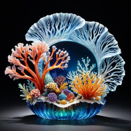 murano_glass_style, beautiful scene of a coral reef, made out of delicate and fragile fine original Murano glass material, prismatic colors, masterpiece, intricate, highly detailed, glowing inner light, crystal coral