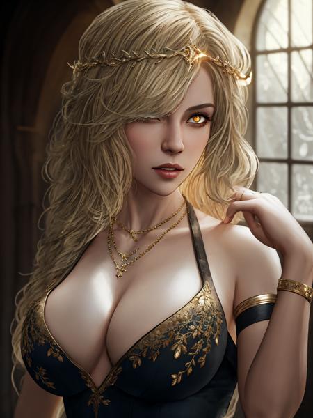 masterpiece, best quality, highest quality,1girl, breasts, jewelry, hair over one eye, dress, bracelet, blonde hair, black dress, long single braid, large breasts, ring, circlet, breasts out, necklace, armlet, looking at viewer, lips, yellow eyes, bare shoulders, parted lips, hair ornament, cinematic lighting, (volumetric lighting), extremely detailed CG unity 8k wallpaper, focused, 8k wallpaper, 4k wallpaper, extremely detailed, ultra realistic, photorealistic, sharp focus, absurdres, (HDR:1.2), (high contrast), photograph, detailed and intricate, instagram, portrait, highly detailed, digital painting, artstation, concept art, smooth, sharp focus, illustration, cinematic lighting, (epic realistic, hdr, luminous, intricate details, hyperdetailed, cinematic, rim light)