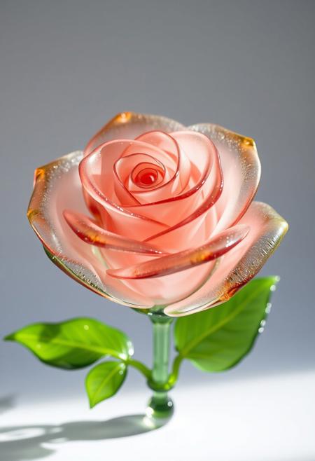 (masterpiece), best quality, expressive eyes, perfect face
A blown glass rose is a stunning work of art that captures the essence and beauty of nature's most iconic flower. This exquisite piece is handcrafted by skilled glassblowers who manipulate molten glass into intricate, delicate petals and lush green leaves. The translucent hue of the glass gives it an ethereal quality, allowing light to filter through its petals in mesmerizing patterns. Each individual bloom has unique textural variations, ranging from smooth and silky to rough and textured, adding depth and character to each creation. When displayed in natural or artificial lighting, the blown glass rose seems almost alive, evoking the sensory experience of holding a real rose in your hands. It is truly a masterful representation of both science and art, making it a cherished addition to any collection or decor scheme.