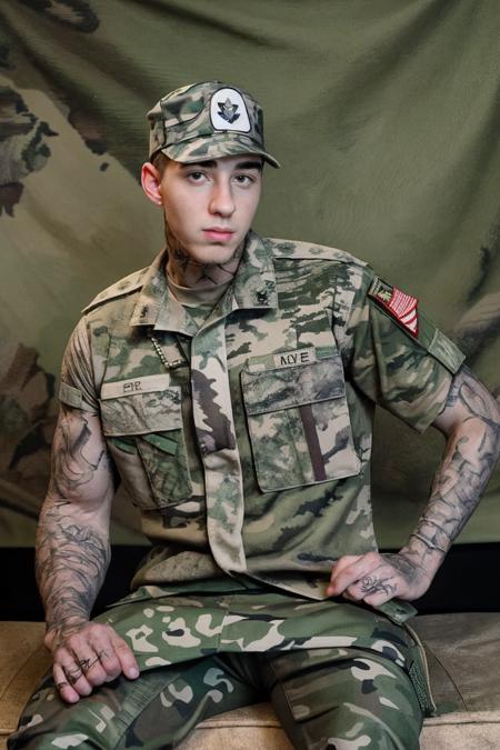 professional studio photo of male jakipz <lora:jakipz-08:0.85> sitting and wearing a military uniform with rolled up sleeves and camo pants, determined expression, tattoos, looking at camera, photo by Rick Day, simple  camo background, wearing camo hat