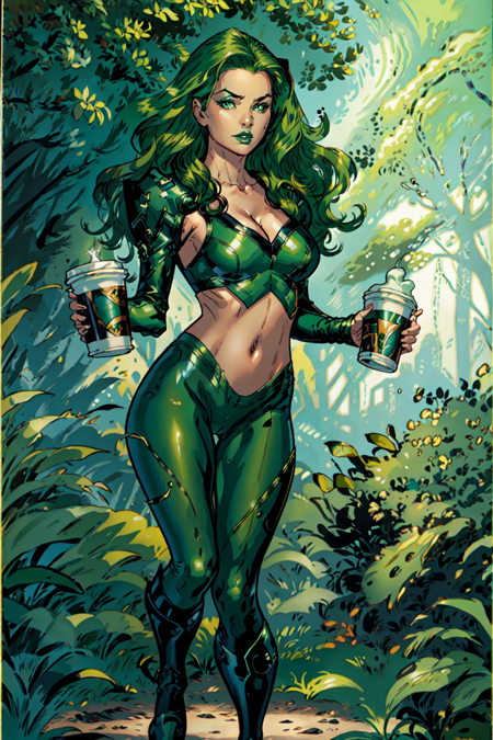 official art, masterpiece, Lorna Dane, Polaris,green lips, 1girl, solo,cup, makeup, lipstick,  long hair, mug, holding cup, breasts, cleavage, bodysuit, green leotard, midriff,  looking at viewer,holding, full body, nice hands, ultra detailed, subsurface scattering, art by jim lee, specular highlights <lora:Polaris-10:0.8>