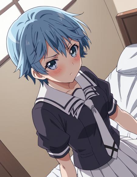 fuuka akitsuki, short hair, blue eyes, blue hair, skirt, school uniform, necktie, serafuku, socks, kneehighs, skirt, white skirt, pleated skirt, black shirt, headphones,