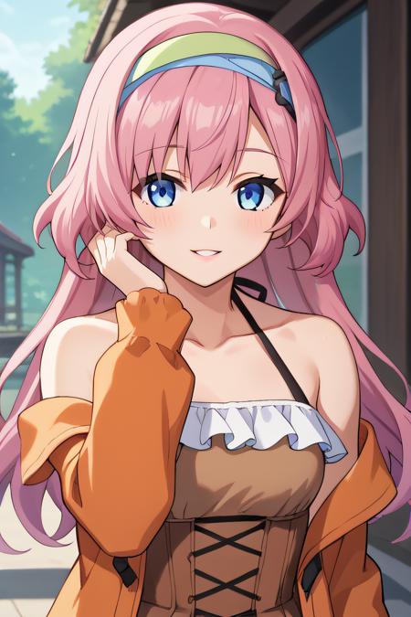 priscilla, pink hair, blue eyes, braided ponytail, low ponytail, hairband white dress, long sleeves, brown vest, open vest, orange skirt, long skirt off shoulders, orange jacket, brown dress, frilled top, cross halterneck, collarbone