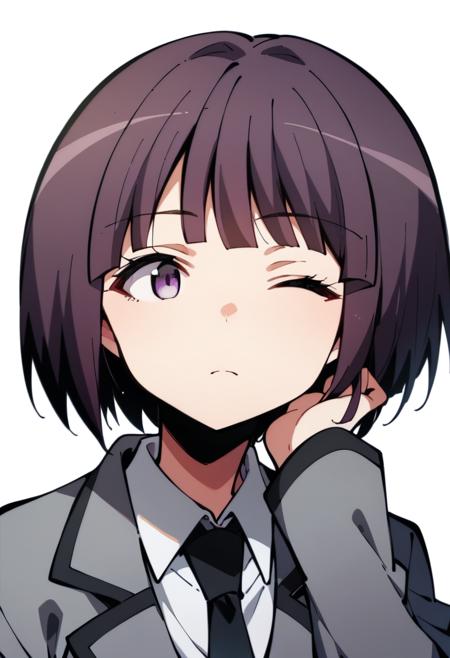 Yuzuki Fuwa,purple eyes,purple hair,bob cut gray jacket,black necktie,collared shirt,white shirt,necktie,gray pleated_skirt,black_thighhighs