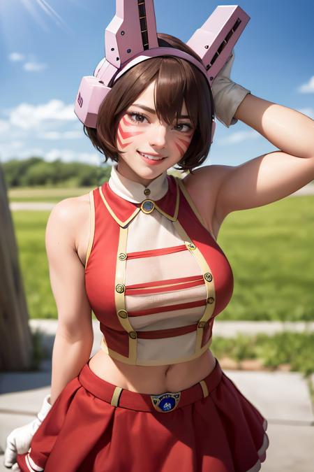 mandalay, brown eyes, bangs, brown hair, facepaint, hair between eyes, headgear, fake animal ears, short hair, neck bell, whisker markings, sleeveless, midriff, animal hands, paw gloves, tail, cat tail, red skirt