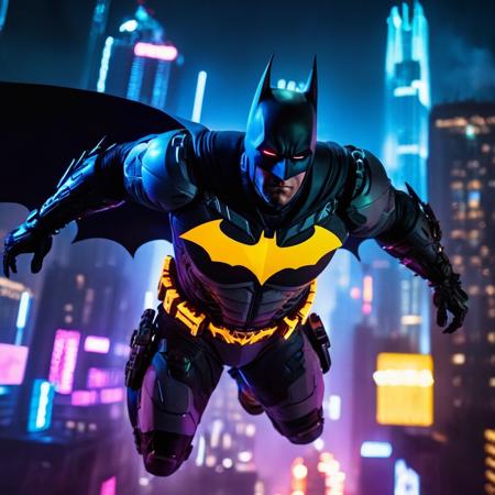 cyberpunk style,  <lora:batman cyborg:1>
batman cyborg a batman cyborg exoskeleton flying over Gotham city at night in the year 2042, neon, dystopian, futuristic, digital, vibrant, detailed, high contrast, reminiscent of cyberpunk genre