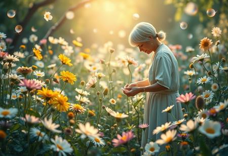 Memory Gardener: A caretaker of a garden where each flower represents a different memory. The Memory Gardener tends to the flowers, pruning some, nurturing others, and occasionally planting new seeds. The garden is filled with ethereal light, with memories floating as soft, glowing petals.