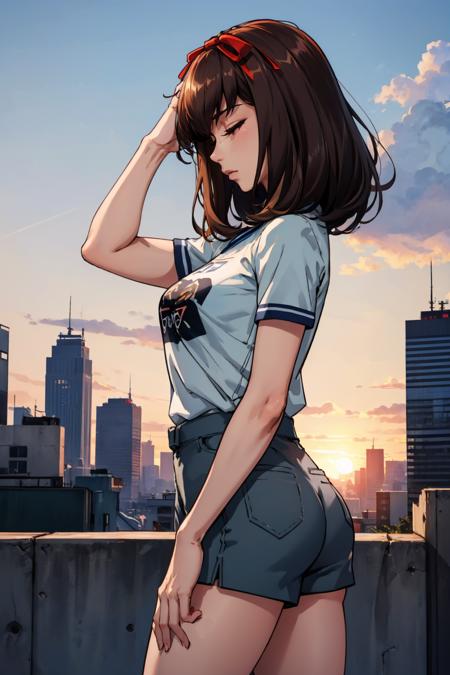 masterpiece, best quality, sonomura maki, hair ribbon, pink t-shirt, short shorts, upper body, from side, standing, hands in own hair, closed eyes, sunset, city skyline <lora:maki-nvwls-v1-000010:0.9>