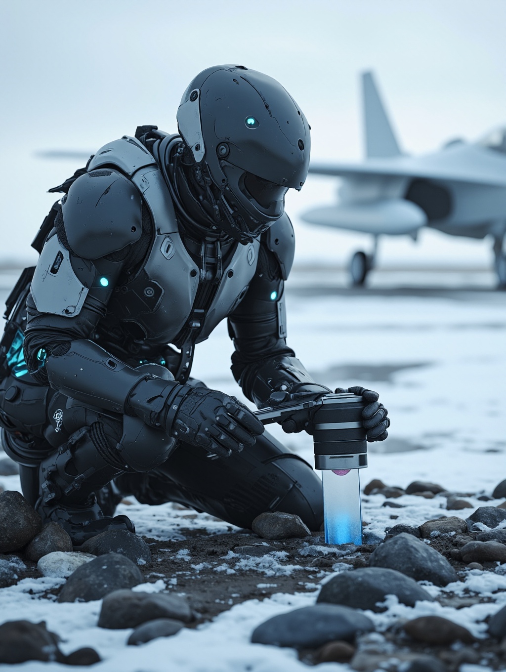 A futuristic, armored figure kneeling on snowy, rocky terrain. The figure is dressed in a sleek, black armored suit with glowing blue accents. The figure is holding a cylindrical device emitting a soft blue light, which is embedded in the ground. In the background, a jet aircraft is visible, parked on the snow-covered ground. 