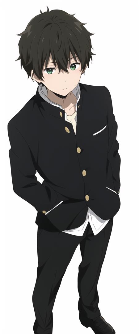 oreki houtarou, 1boy, male focus, solo, brown hair, green eyes, school uniform, gakuran, black pants, shoes, full body, standing, looking at viewer, white background,