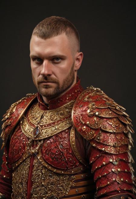 symmetrical wings attached to back, dual winged hussars, ornate red stylized wings attached to back of man, 2 large hussar wings behind back, undercuthaircut, Photorealistic oil painting of (Handsome:1.1) (Polish) (Irish) (Slavic) (bright sapphire eyes) (half-dragon warrior-prince:1.2) with (intricate metallic red brass scales seamlessly melded into arm and neck:0.9), 28-year-old, (darkblonde undercut hair:1.1), (medieval fantasy clothing:1.2), grimdark fantasy, (medieval) fantasy, high fantasy, epic fantasy, (upper body:1.3) (medium shot:1.3) taken with (fujifilm xt3:1.1), film grain, dark style, raking light dramatic hard shadows, (dramatic lighting:0.9), material contrast, cinematic composition, intricate details, masterpiece, visually stunning, evocative, vivid deep hues, brass, red runes, (body transformation:1.2), <dhevv:ds-style:rsd1.5>, realistic eyes, scaleborn, scales, undercut, royal, red armor, symmetrical armor, large nose, wide nose, wide nosebridge, tallnose, dour expression, full beard, strongman, raised eyebrow