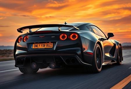 “A high-performance sports car seen from the back, exuding power and speed. The sleek design features aggressive aerodynamics, wide tires, and distinctive tail lights. The license plate boldly reads ‘I BRAKE ONLY FOR BUZZ.’ The car is in motion on an open highway at dusk, with motion blur enhancing the sense of speed. The exhaust emits a faint glow, hinting at raw horsepower. The background showcases a dramatic sky with deep oranges and purples, adding to the cinematic feel. Ultra-realistic reflections on the car’s glossy surface and intense lighting make the scene striking and dynamic.”