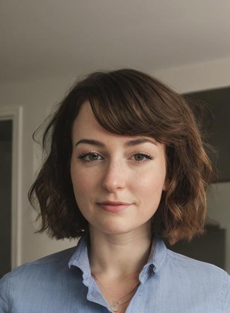 (closeup portrait) woman wearing blue button up shirt, facing viewer, beautiful woman medium hair, <lora:milanavayntrubV2:0.75>, perfect face, in kitchen, large breasts, mlnvyntrb