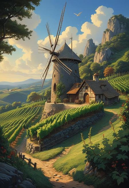 hyperrealistic art  a wanderer between worlds in flowing clothes, (epic landscape:1.5),  (style Ghibli drawing), (style Ghibli painting),best quality, masterpiece, extremely detailed,  professional  art,  professional painting, an extremely delicate and beautiful, dynamic,  great lighting, perfect shading, professional shading, depth of field,   side soft light, elegant, gorgeous, highly detailed,   full shot, uncropped,   pure genious, absolutely perfect,  highly detailed, breathtaking,
Vineyard on steep slate slopes, woodpecker cavity in trunk, horizontal windmill blades,miller adjusting sails , extremely high-resolution details, photographic, realism pushed to extreme, fine texture, incredibly lifelike, Cybernetic flora illustration style, blends plant life with cybernetic elements, dynamic and futuristic composition, professional-grade execution, captures the beauty of bio-mechanical fusion, evokes a sense of innovation and natural harmony