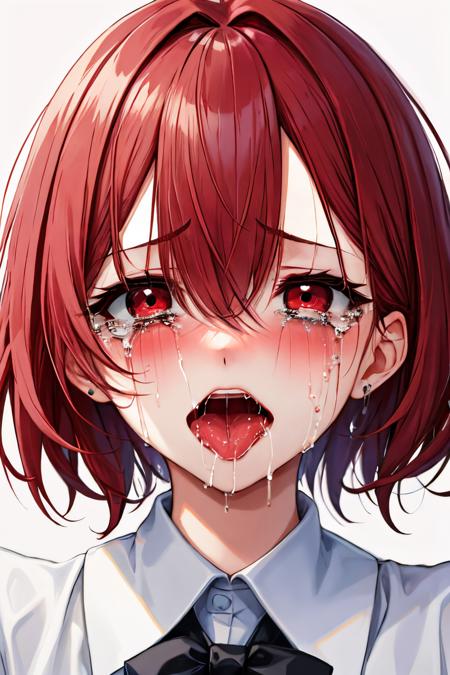 runny makeup, 1girl, crying,  solo, red eyes, blush,  simple background,   short hair, open mouth, saliva, tears, red hair, crying with eyes open, 
 <lora:runny_makeup:1>