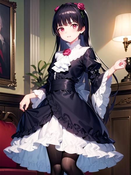 (hyper extreme detailed:0.8),(masterpeace),(hyper extreme),(photorealistic),CG,(colour:1.2), beautiful lighting,light from the front,official art, solo,1girl,standing,indoor,hotel room,  <lora:kuroneko_oreimo_V1:1>,gokou ruri, black hair, long hair, straight hair,red eyes, black dress , black pantyhose, pumps,flower hair band,mdiam skirt,