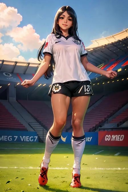 (extremely detailed CG unity 8k wallpaper), (best quality), (ultra-detailed), (best illustration), 1girl, detailed soccer stadium, outdoors, beautiful sunlight, soccer uniform, shorts, socks, soccer,  green field,  <lyco:corinthians-10:0.8>,  corinthians, <lora:ireliav2-000034:0.6>, irelia, tall:1.2, long hair, thick thighs, large breasts, (white uniform), smiling