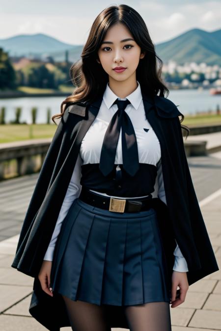 realistic, masterpiece, high detailed skin, looking at viewer, full body shot, scenic view, long hair, black hair
school uniform, long sleeves, black cape, black necktie, wing collar, shirt, belt, skirt, pantyhose, loafers <lora:Black_School_Dress_By_Stable_Yogi:1>