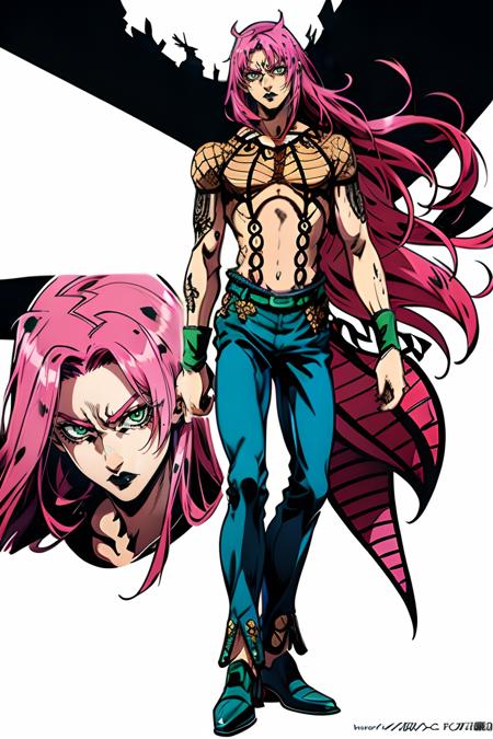 full body,  diavolo,  ((solo)),  1boy,  long hair,  fishnets,  pink hair,  pants,  belt,  wrist bands, 
detailed,  dramatic lighting,  hq,  hd,  black lips,  wallpaper,  tattoo,  green eyes,  closed mouth,  white background,  lipstick,  shoes,  official art,<lora:EMS-249640-EMS:0.900000>