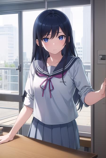 ayasearagaki, <lora:ayase aragaki s2-lora-nochekaiser:1>,
ayase aragaki, long hair, blue eyes, black hair, hair between eyes,
BREAK skirt, school uniform, serafuku,
BREAK indoors, classroom,
BREAK looking at viewer, (cowboy shot:1.5),
BREAK <lyco:GoodHands-beta2:1>, (masterpiece:1.2), best quality, high resolution, unity 8k wallpaper, (illustration:0.8), (beautiful detailed eyes:1.6), extremely detailed face, perfect lighting, extremely detailed CG, (perfect hands, perfect anatomy),