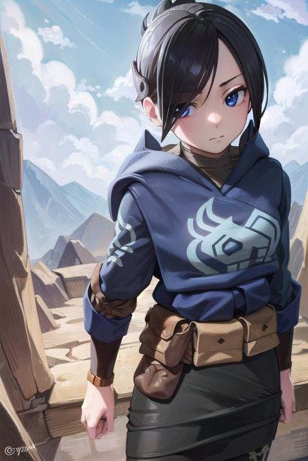 pokemonmai, black hair, blue eyes, mole, mole under mouth, short hair, eyelashes, black footwear, black skirt, boots, brown bag, character print, diamond clan outfit, hood, hood down, jacket, pantyhose, pouch, print pantyhose, skirt,long sleeves,