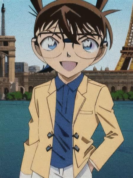 <conan>, glasses, 1boy, solo, male focus, blue eyes, brown hair, black-framed eyewear, shirt, male child, white shirt, smile, jacket, :d, looking at viewer, standing, short hair, Paris