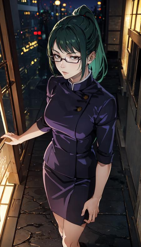 photorealistic, (4k), depth of field, (Masterpiece), (realistic skin texture), extremely detailed, intricate, hyper detailed, professional photography, bokeh, high resolution, sharp detail, best quality, girl, green hair, ponytail, glasses, brown eyes, jujutsu uniform, blue jacket, blue skirt, black leggings, <lora:GoodHands-beta2:0.5> , <lora:detail_slider_v4:0.8> , dynamic pose, (walking), <lora:Maki Zenin-000004:0.8> ,abandoned building, scary atmosphere, (night:1.3), shouji, east asian architecture, hallway, destroyed, night yime,