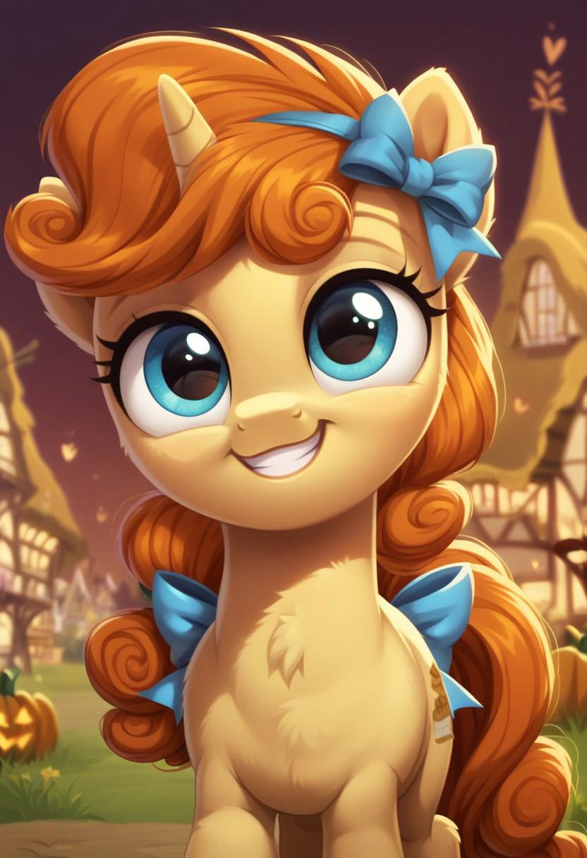 score_9, score_8_up, score_7_up, score_6_up, score_5_up, score_4_up, my little pony, ((feral pony)), ((pumpkin cake)), 1GIRL ((solo)), (sexy), beautiful, detailed, (detailed cute pony face), detailed dark blue eyes, detailed yellow fur, beautiful, vector, (beautiful feral pony), (beautiful dark orange hair:1.5), (ponyville background:1.5), (sweet smile), UNICORN, light blue bow, (little filly:1.5)