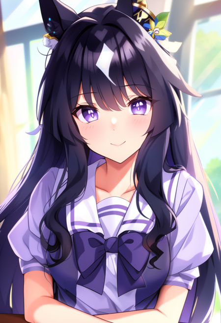 1girl, solo, horse ears, animal ears, tracen school uniform, purple eyes, school uniform, smile, long hair, black hair, looking at viewer, horse girl, window, blush, purple bow, bow, short sleeves, breasts, collarbone, bowtie, hair ornament, upper body, puffy short sleeves, indoors, shirt, puffy sleeves, purple bowtie, sailor collar, multicolored hair, closed mouth, purple shirt, bangs, medium breasts, {{{masterpiece}}}, {{{best quality}}}, {{ultra-detailed}}, {{an extremely delicate and beautiful}}, {detailed hair}, {detailed eyes}, {{{extremely detailed animatic}}}, {dynamic angle}, dynamic angle, diagonal angle, <lora:verxina umamusume v1:1>