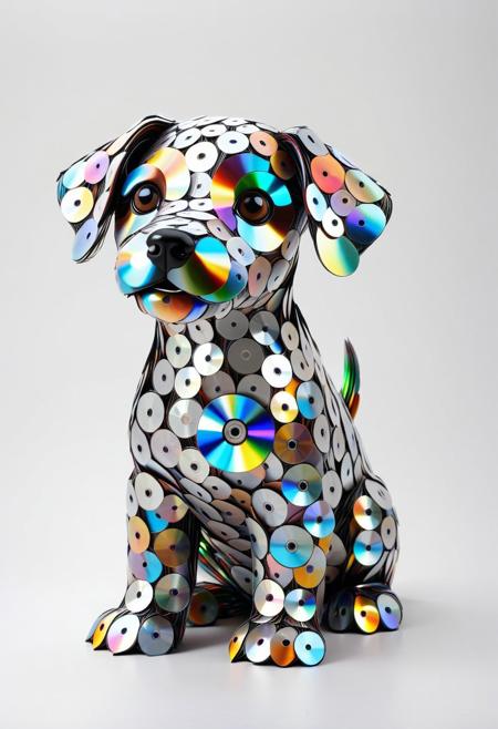 award winning art,masterpiece,best quality, cute design,  cute puppy made of cd's, solo
