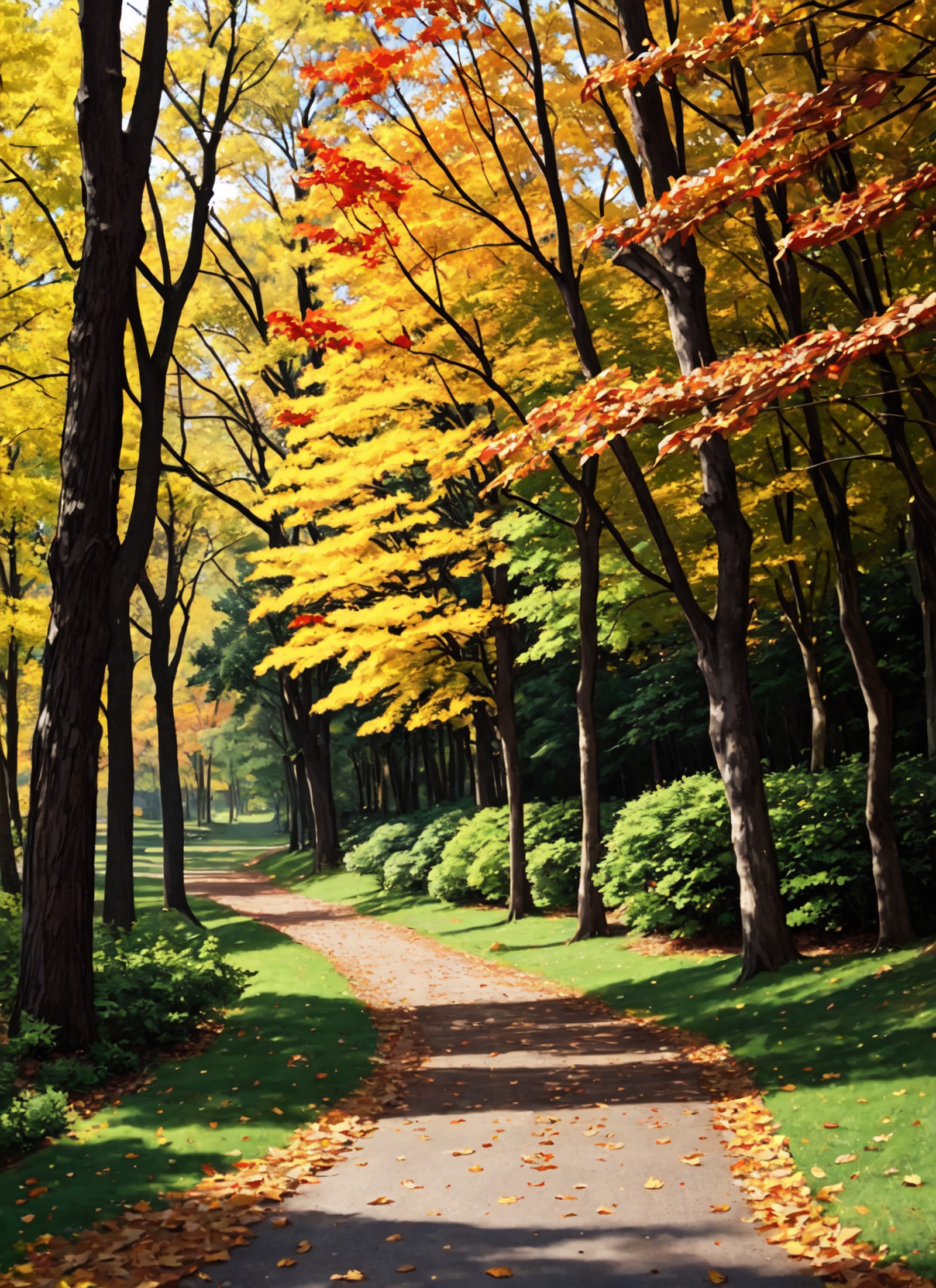 fall trees, cool atmosphere, leaves on the ground, BREAK, foliage: vibrant hues of red, orange, and yellow, adorning the b...