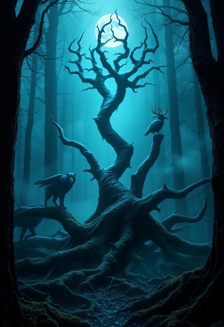 “A hyper-realistic, eerie depiction of the Algiz rune in a mist-shrouded, ancient forest. The Algiz symbol towers above, crafted from dark, gnarled branches that twist upward, almost resembling skeletal fingers reaching toward a dim, ominous moon. The symbol glows with a ghostly, electric-blue hue that pulses subtly, casting shadows across the forest floor, thick with moss and tangled roots. Strange, spectral animals—wolf-like creatures with piercing eyes, a lone raven perched on a twisted branch, and a spectral elk with glowing antlers—surround the rune in a protective, ritualistic stance. The mist swirls with a soul-like essence, tinted in dark blues, greens, and deep purples, creating an otherworldly, haunting atmosphere. Sharp details capture the cracked bark, dripping moisture, and faint imprints of ancient runes carved into the surrounding trees, giving an impression of a place suspended in time. This scene has a foreboding, supernatural beauty, capturing both mystery and protection with a vivid, spectral allure.”