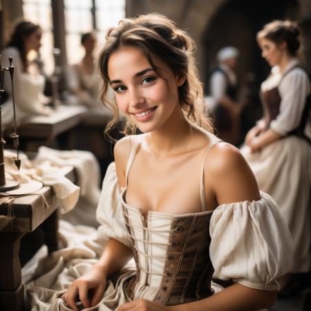 highly detailed analog photo of tailor, 

 1girl, bare shoulders, corset, brown hair, brown eyes, sitting, small breasts, white dress, solo focus, smile, depth of field, realistic:1.3, medieval tailor shop, cleavage, ((cute face)),

masterpiece, best quality:1.1, 

depth of field:1.1, 
(analog photography:1.2),



