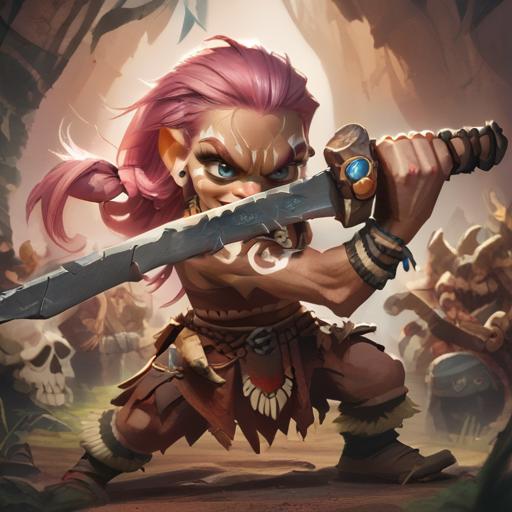 <lora:Gnome__Fantasy__DND__Warcraft:1>, gnome, short stature, big eyes and ears, 1boy, long hair, pink hair, muscular,<lora:Savage_P1:1>, zzSavage, bone necklace, tribal, smirk, <lora:Fantasy_Classes__XL:1> barbarian, <lora:low_guard_parry_stance:1>, low guard sword parry stance, holding sword,