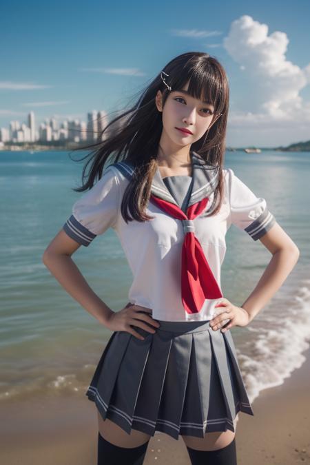 ltra-detailed,highly detailed,best quality,masterpiece,illustration,realistic,photorealistic,
llas, cosplay, 1girl, solo,
school uniform, serafuku, sailor collar, short sleeves, red neckerchief,  pleated skirt,thighhighs, 
long hair, bangs,hair ornament, 
looking at viewer, hands on hips, head tilt, cowboy shot,
photo background, beach,sea,waves, skyline, 
 <lora:llas_v1_05:0.7>