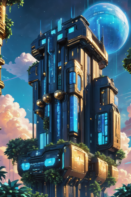 cyberpunk, golden hour, blue sky, clouds, architecture, "at the Majestic Nebula"<lora:EnvyBetterHiresFixXL01:0:hr=1><lora:EnvyGardencoreXL01:1>