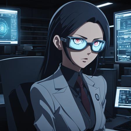 anime shot of an elegant woman hacker with a bionic eye working in a high-tech office, dark, gritty, dystopian